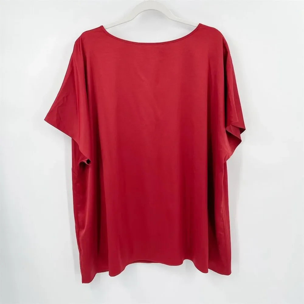 Eileen Fisher Recycled Polyester Satin Box Top Plus Size 2X Red Short Sleeve NWT